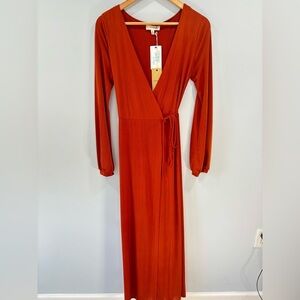 NWT Freeway Elegant Rust Orange Wrap Dress Size Large Boho Deep V Neck